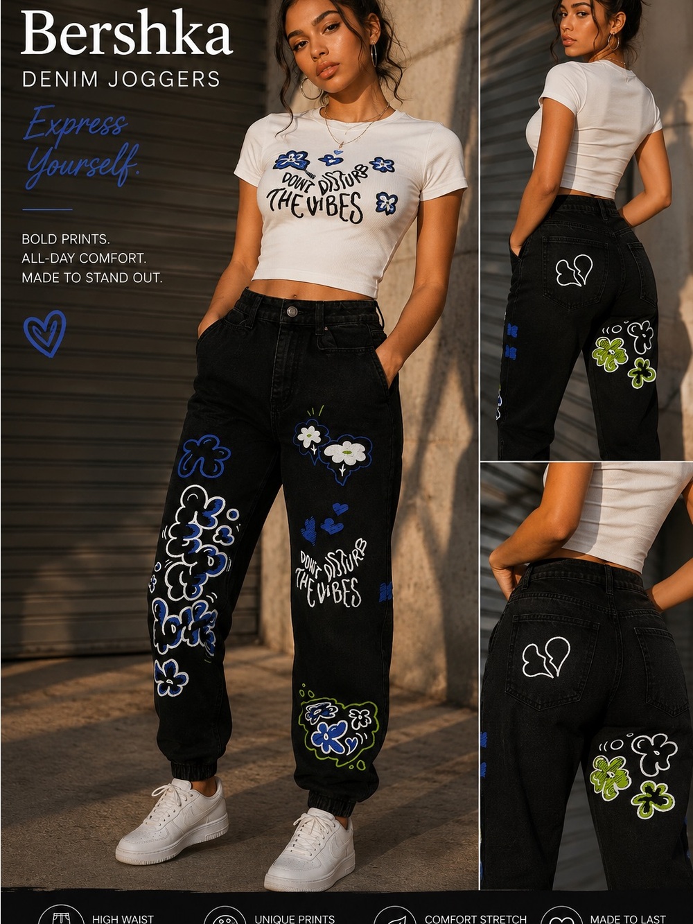 Bershka Black Boyfriend Jeans with Blue, White & Green Floral Prints